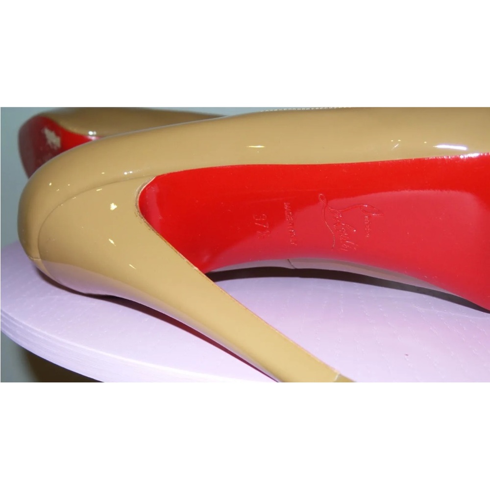 Christian Louboutin Nude Patent Peep-Toe Pumps with Signature Red Soles - Picture 6 of 9